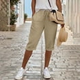 thumbnail image 2 of Likimi Womens Summer Pants Elastic Waist Drawstring Solid Color Lightweight With Pocket Knee-Length Comfort Trousers Khaki2 Size 3Xl, 2 of 5