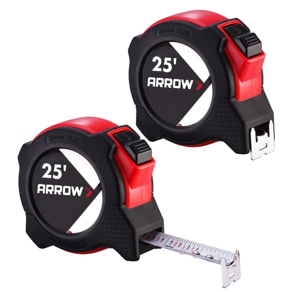 Cinta métrica Arrow, 25 pies, bloqueo automático con fracciones de 1/8 pulgadas, paquete de 2