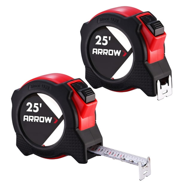 Cinta métrica Arrow, 25 pies, bloqueo automático con fracciones de 1/8 pulgadas, paquete de 2