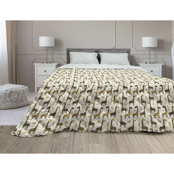 Giraffe Down Alternative Comforter, Savannah Animal Romantic Characters Funny Mascots in Human Clothes, Microfiber Quilt for All Season, 5 Sizes, Pale Brown Yellow and Pink, by Ambesonne