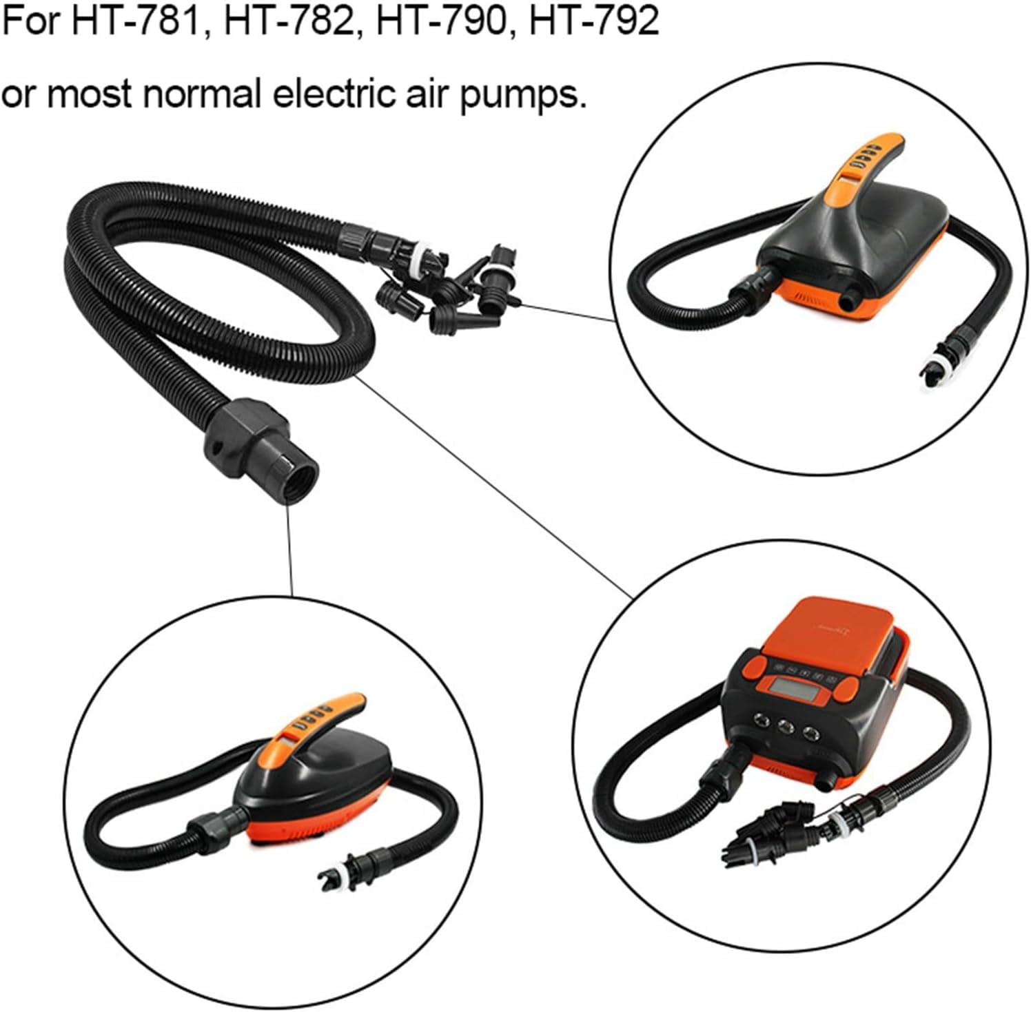 Inflatable Air Hose Nozzle Kit with 6 Sizes for Electric Air Pumps 20PSI, Compatible with HT-781 HT-782 HT-790 HT-792, for Kayak, Paddle Board, Boat, and Water Sports Accessories, Black 3.3ft
