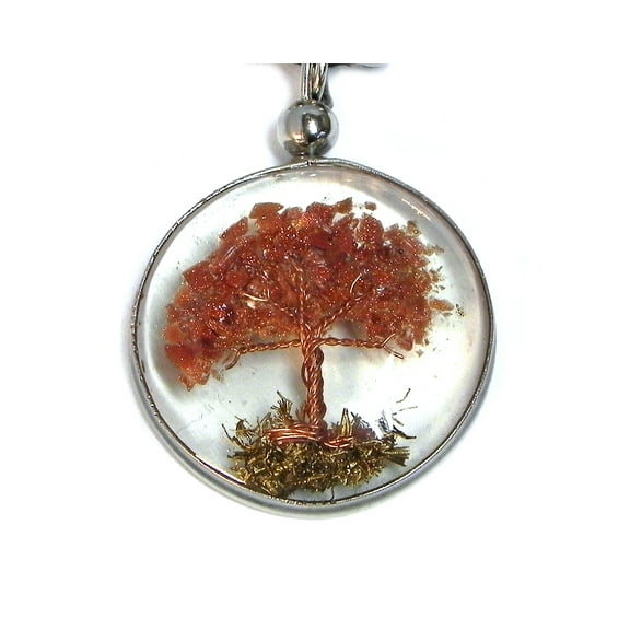 Tree of Life Crushed Chip Stone Inlay Copper Wire Round Clear Acrylic Pendant Adjustable Necklace - Womens Fashion Handmade Jewelry Boho Accessories