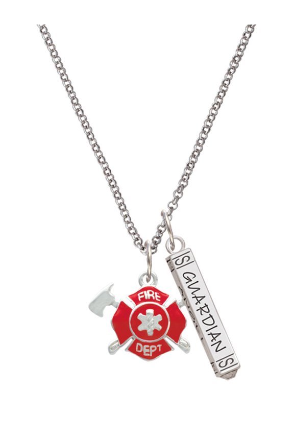 Silvertone Red Fire Department Shield with Axes Silvertone Guardian Angel Bar Charm Necklace, 23"