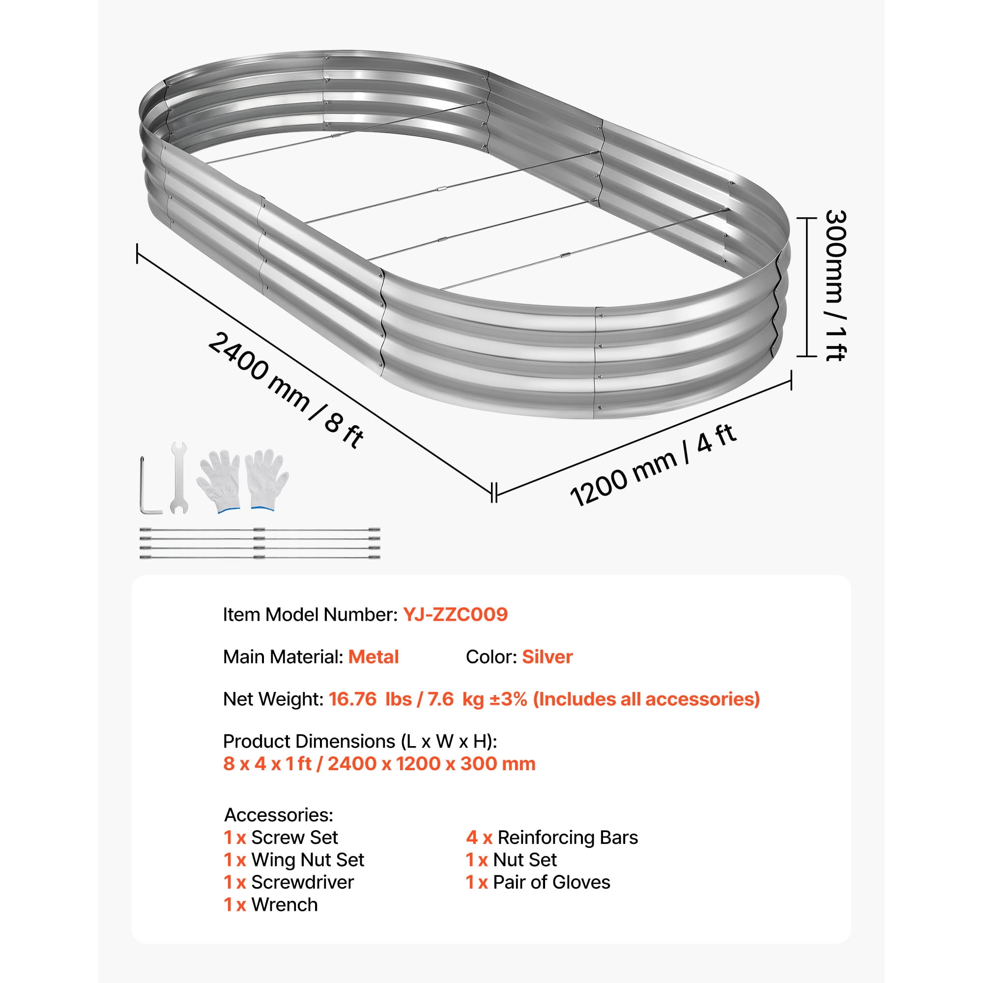 KFFKFF Galvanized Raised Garden Bed, 8 x 4 x 1 ft, Oval Metal Planter Box Kit for Outdoor Use, Bottomless Elevated Garden Box with Gloves, Rust-Resistant Alu-Zinc Material, Silver