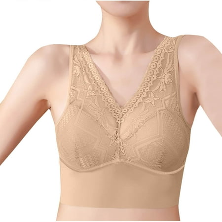 Gnurob Women s Plus Size Bra Lace Wireless Bras Deep V Neck Brassiere Full Coverage Sheer Bralette Push Up Bralettes Hide Back Fat lingerie Crop Top Everydaywear Clearance Saving Khaki 3X-Large