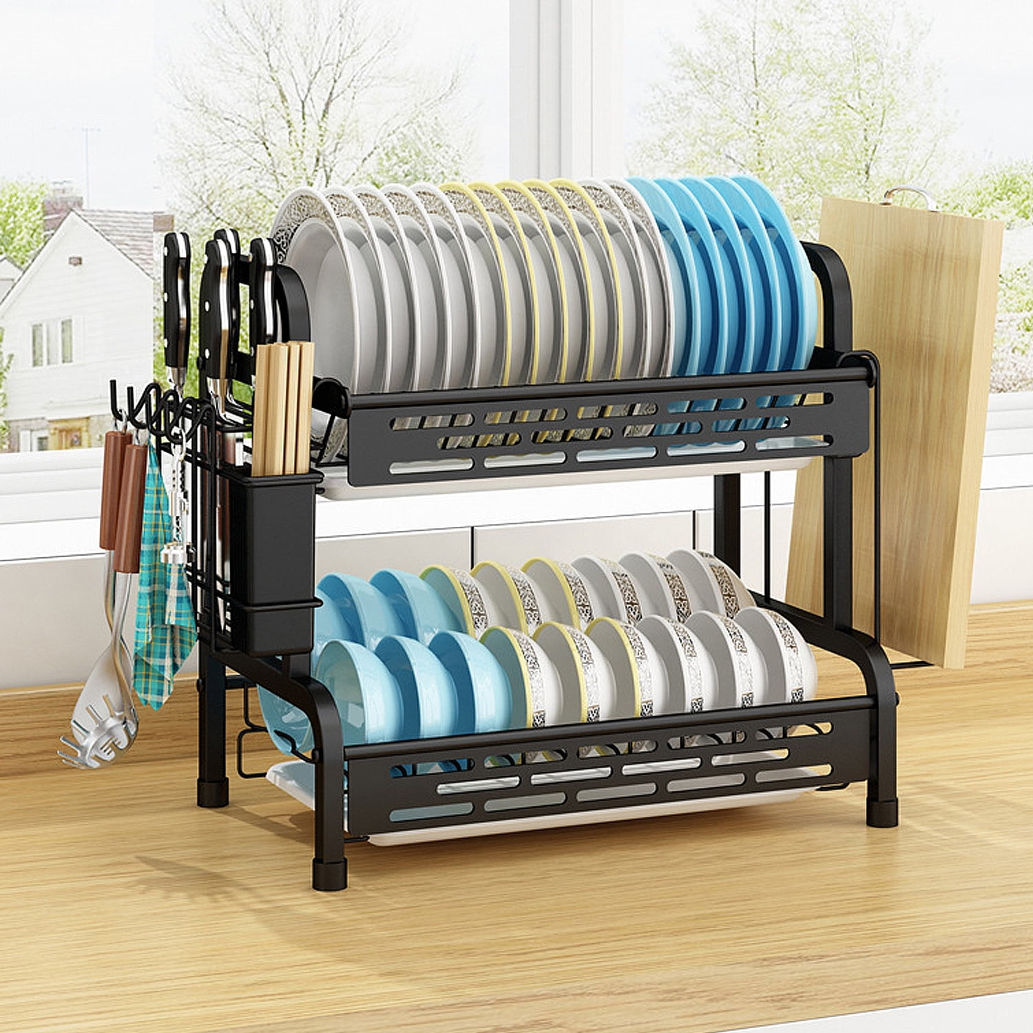 Hovshelf Dish Racks for Kitchen Counter, Dish Drying Rack with Drainboard,  2 Tier Dish Drainers for Kitchen Counter(Black)