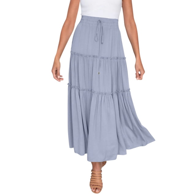 Falda larga boho elástica de cintura alta para mujer: con volantes, corte en A, cordón, poliéster, para todas las estaciones, tallas S-XL.