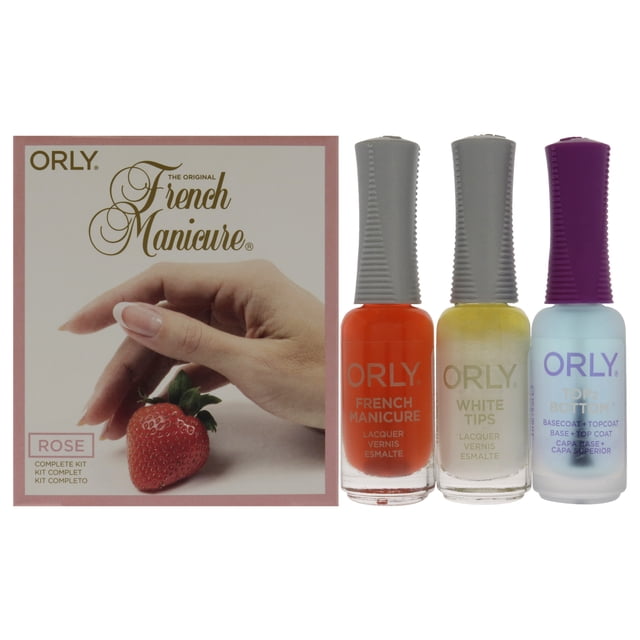 Kit de manicura francesa original Rose de Orly para mujer: kit de 4 piezas ORLY 0.3oz Top2 Botton Base Coat Plus Topcoat, 0.3oz Laca de uñas - Puntas blancas 4 Pc Kit