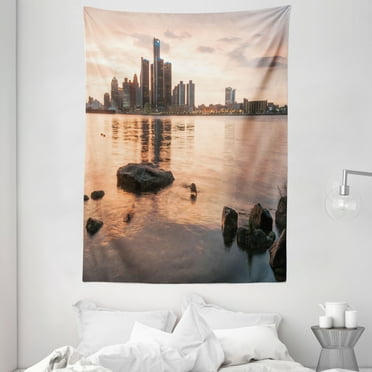 Detroit Tapestry, Idyllic Sunset View with High Rise Buildings Riverfront Rocks Calm Peaceful, Wall Hanging for Bedroom Living Room Dorm Decor, 60W X 80L Inches, Coral Dark Brown, by Ambesonne