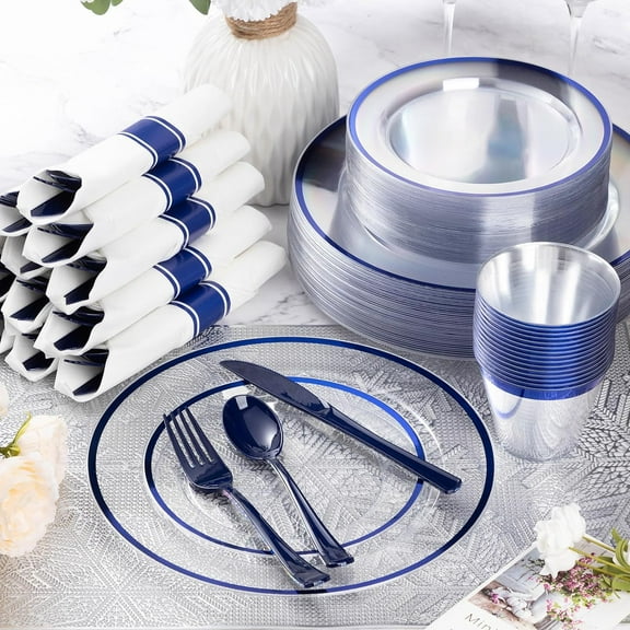 350 Piece Dark Blue Plastic Dinnerware Set for Party, Clear Disposable Plates for 50 Guests, Include: 50 Dinner Plates, 50 Dessert Plates, 50 Pre Rolled Napkins with Cutlery Set, 50 Cups