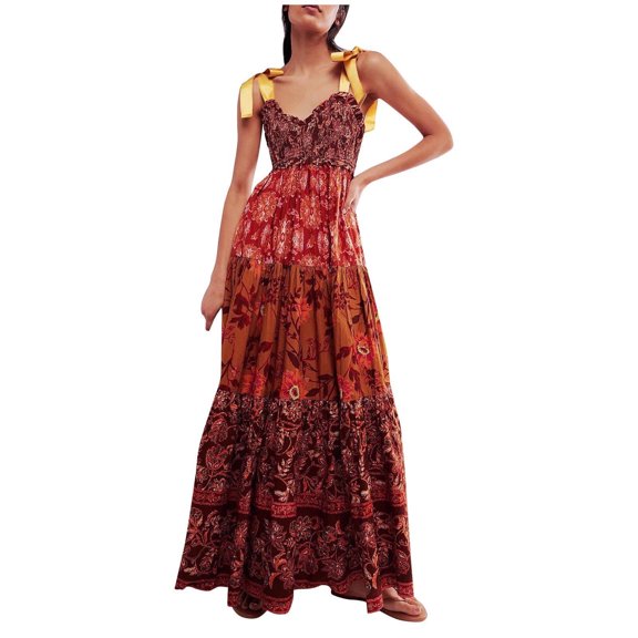 WREESH Womens Fashion Dress Dresses Summer Casual V-Neck Sleeveless Printing Beach Sundresses Boho Dress Brown