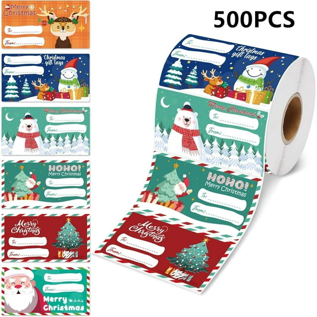 Christmas Sticker Tags for Gifts – 500 Self-Adhesive Holiday Gift Tags Per Roll, Assorted Festive Designs