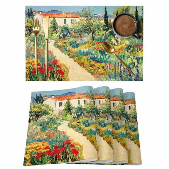 Red Yellow Flower Garden Placemats Set of 1, Rustic Country Winding Dirt Path House Non-Slip Place Mats Washable Table Mats for Kitchen Dining Table Decorations Indoor/Outdoor