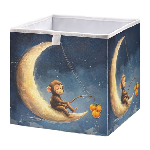 WOBOGO Cute Monkey Sitting on The Moon Storage Basket Foldable Easy to Clean Durable with Hollow Support Plate with Handle 11.02×11.02×11.02 in
