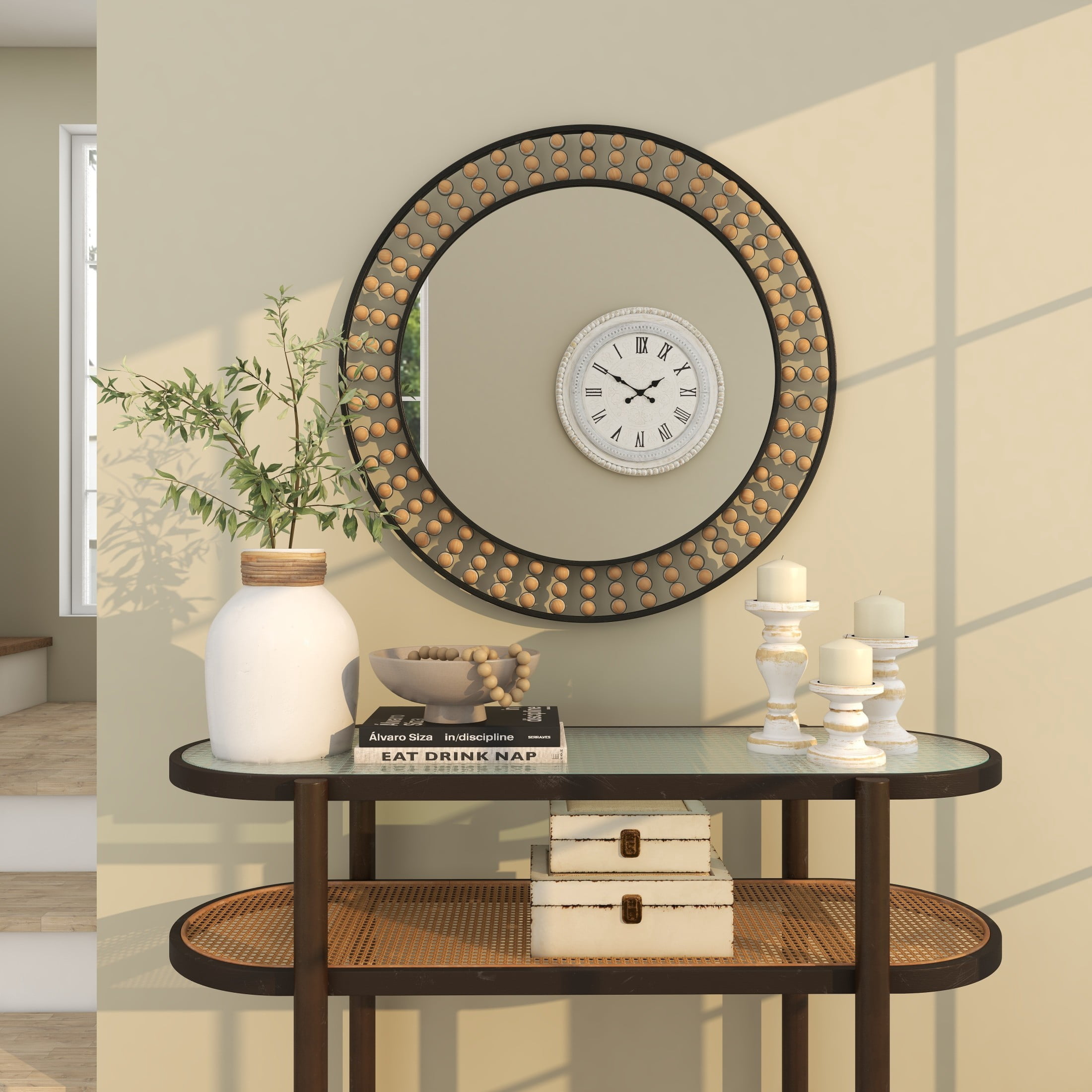 DecMode 31" x 31" Black Wall Mirror with Brown Beaded Wood Details
