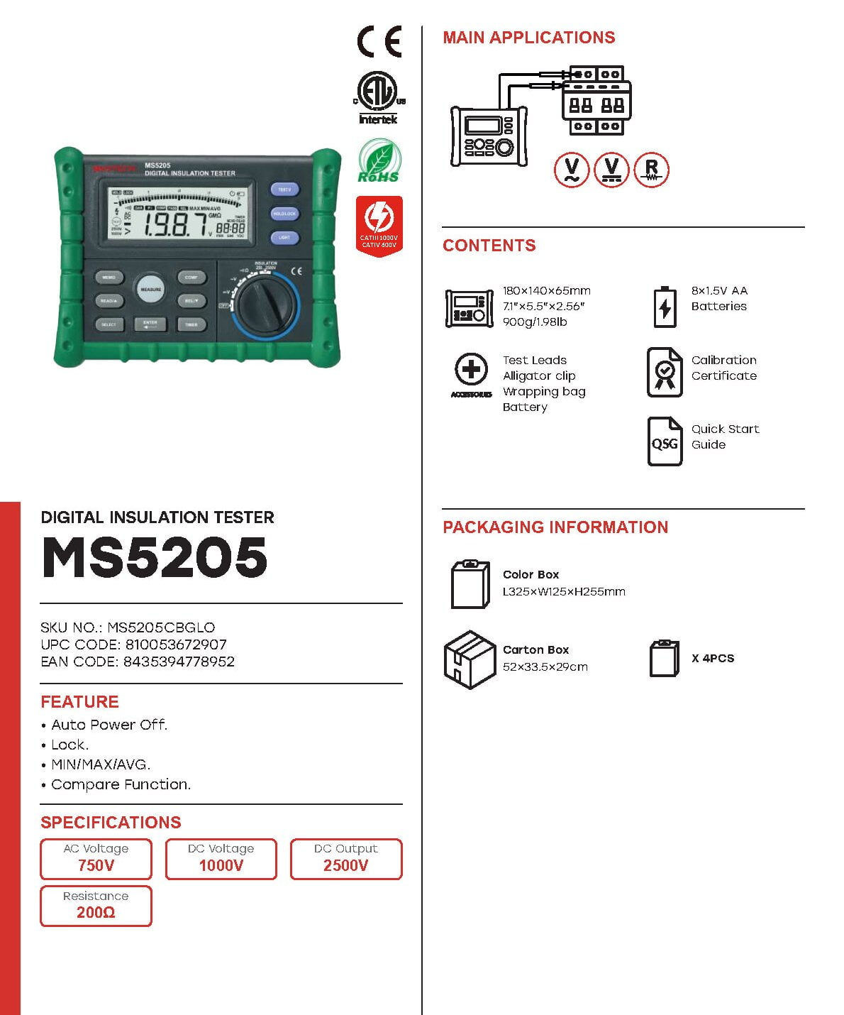 MASTECH MS5203 Insulation Testers Insulation Resistance Meters Digital Megohmmeter Meter Earth Impedance Tester Megohmmeter Digital Analog Multimeter