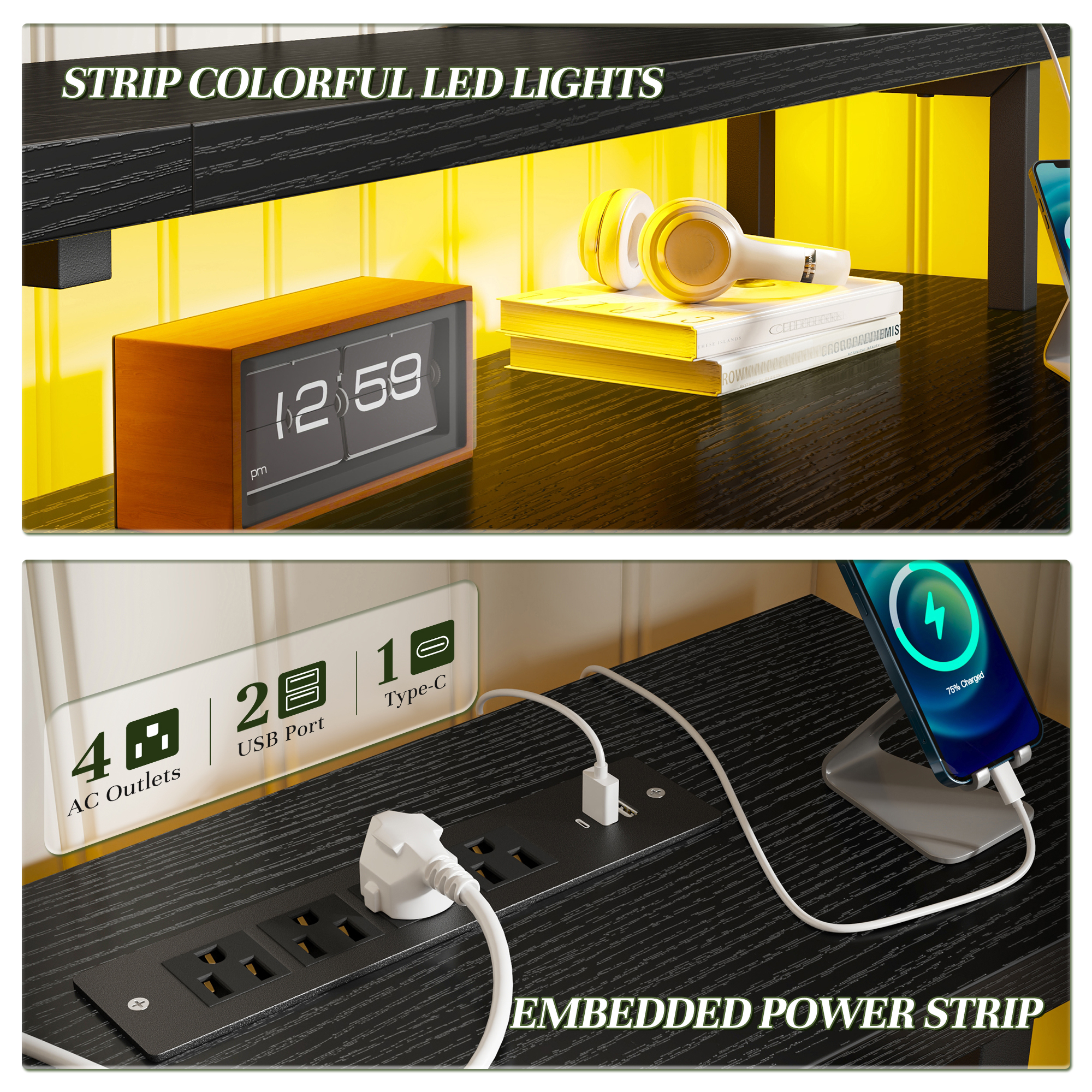 EnHomee Office Desk with 4 Fabric Drawers Gaming Desk with LED Light & Power Outlets Computer desk for Bedroom,Black