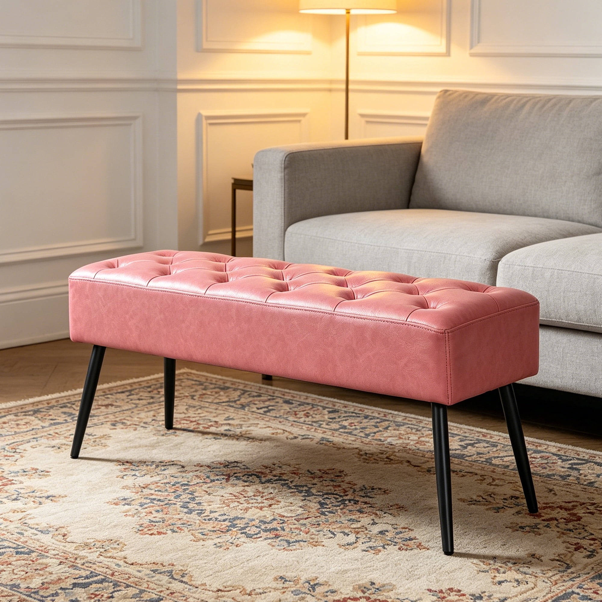 Abble 38" Wide Upholstered Entryway Bench, Tufted Ottoman Bench, Small Bed Room Bench,Casual Dining Room Bench, Pink
