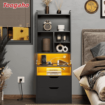 Toogaho Tall Nightstand with LED Lights and Charging Station,Nightstand with Shelves and 2 Drawers, Bedside Table with Bookshelf, Tall Side End Table with Storage,Black