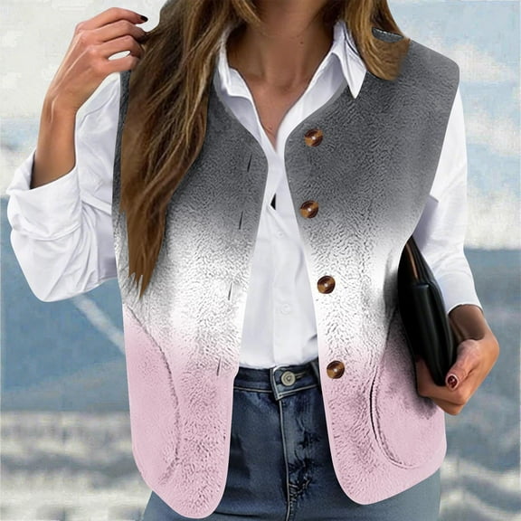 Fanxing Womens Plus Size Fannel Vests Sleeveless Fleece Gradient Jacket Christmas Button Down Collared Vest with Pocket Pink XL