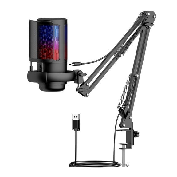 USB Gaming Microphone with Noise Cancellation, Computer PC Mic with Boom Arm, RGB Light, Mute, Gain, Monitoring Streaming Mic for Podcast, YouTube, Twitch, Discord, PS5/4, GAM-ME6S,black-GAM-ME6S