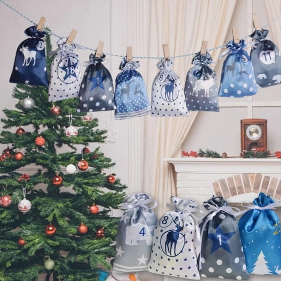 24PCS Christmas AdventCalendar Bags Christmas Countdown Gift Bags Reusable Fabric Gift Bags with Drawstring A