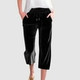 thumbnail image 2 of cfhntfmh Capri Pants for Women Soft Casual Drawstring Elastic High Waist Velvet Pant Straight Wide Leg Cropped Trouser, 2 of 6