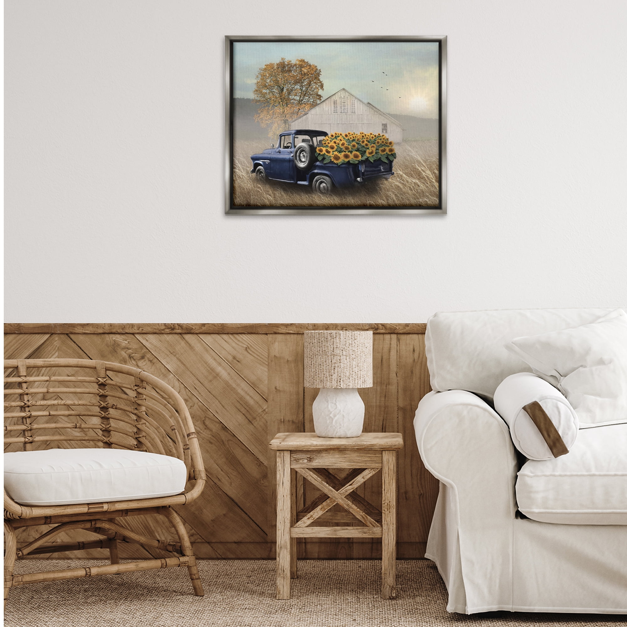 Stupell Industries Sunflower Filled Truck Transportation Painting Gray Floater Framed Canvas Art Print Wall Art, 31 x 25