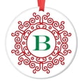 thumbnail image 1 of B Monogram Ornament, Family Name B Initial Christmas Porcelain Ornament, 3" Flat Circle Christmas Wreath Ornament w Glossy Glaze, Red Ribbon & Free Gift Box | OR00175 Martin, 1 of 2
