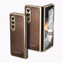 Dteck Case for Samsung Galaxy Z Fold 3,Luxury Leather Built-in Screen Protector Case Shockproof Electroplated Hard PC Bumper Cover for Galaxy Z Fold 3 5G,Brown