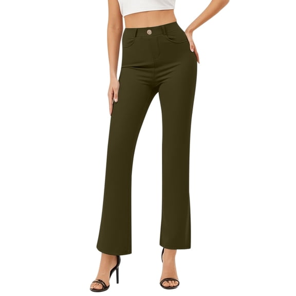 FYEGRE Women's Comfort Pants Solid Color Trousers With Pockets For Womens Business Casual Elastic Waist Work Pants Comfortable Wear Daily Outfit Green S