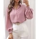 thumbnail image 2 of Camisa de manga abullonada, cuello vuelto, holgada, cómoda, manga larga, camisa de color puro para oficina, trabajo, hogar, ocio, gris rosado pálido M, 2 of 9