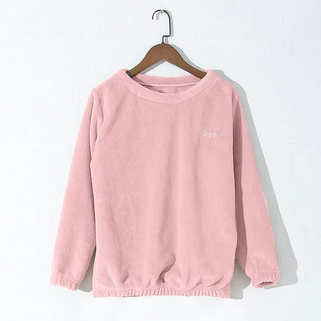 TIMIFIS Haut de Pyjama en Molleton Rose pour Femmes, Chemise de Nuit Décontractée à Manches Longues, Col Rond Confortable, Vêtement de Nuit Léger et Doux, Couleur Unie Thermique, Vêtement de Détente Mode Élégant et Chaud
