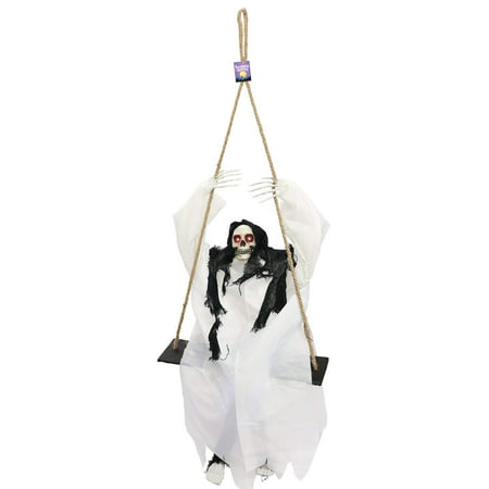 Animated 4 Foot Hanging Swinging Skeleton Ghost Reaper with Moving Kicking Legs Prop Decoration - Rope Swing, Scary Laugh Sounds, Flashing Evil Red LED Eyes - Entryway Display