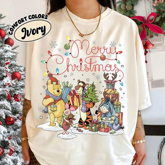 Retro Disney Winnie the Pooh Christmas Comfort Colors Shirt, Disney Christmas Party Tee, The Pooh Eeyore Tigger Piglet, Christmas Trip Shirt