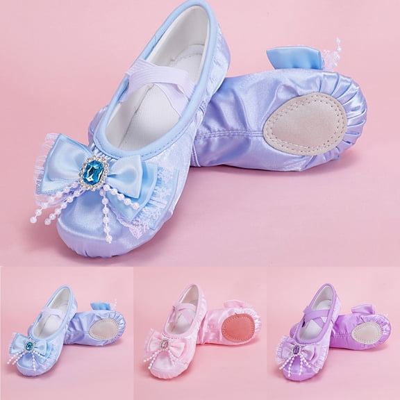 Girls Sparkly Rhinestone Bow Ballet Dance Slippers, Slip on Elastic Soft Sole Training Shoes, Children Gymnastics Body Shaping Footwear for Stage Shows Purple 3.5 Little Kids(39)