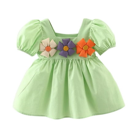 

Baby Girl Dress Solid Spring Summer Flower Print Short Sleeve Princess Dress Clothes Party Dresses