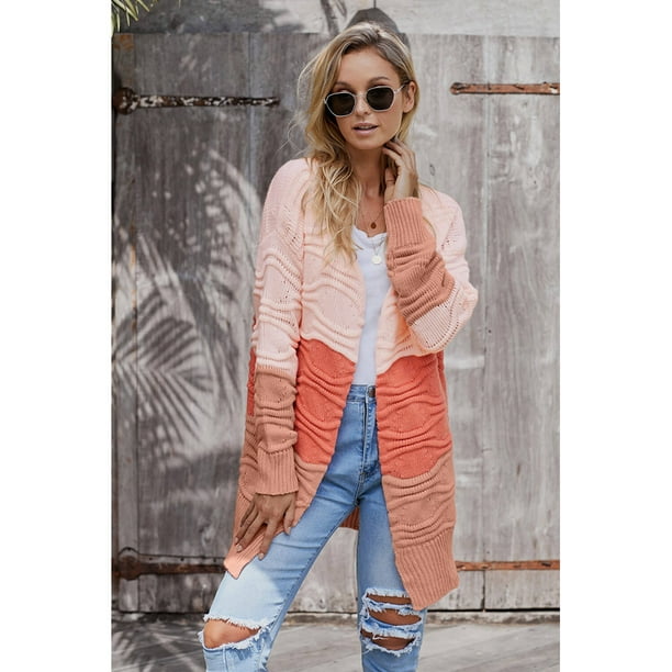 Cardigan Femme Rose Gris Bleu Ciel En Tricot Colorblock