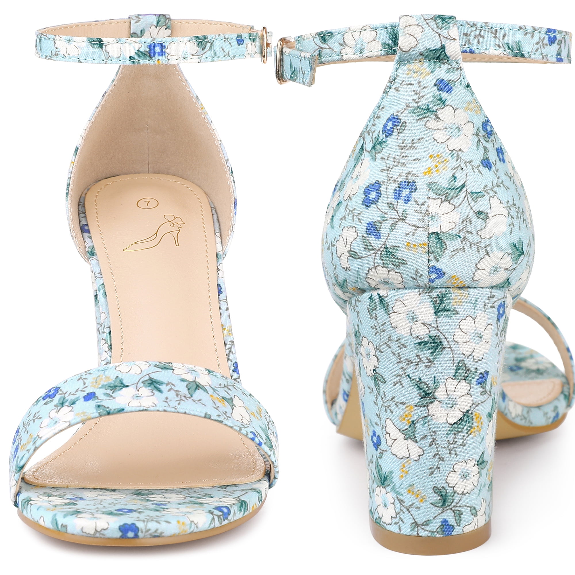 DARING DIVA Women's Floral Open Toe Ankle Strap Chunky Heel Sandals Blue 8