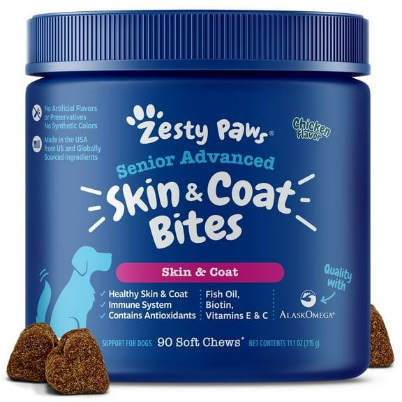 Zesty Paws Senior Advanced Skin & Coat Bites for Senior Dogs, for Healthy Skin & Coat, Chicken, 90ct