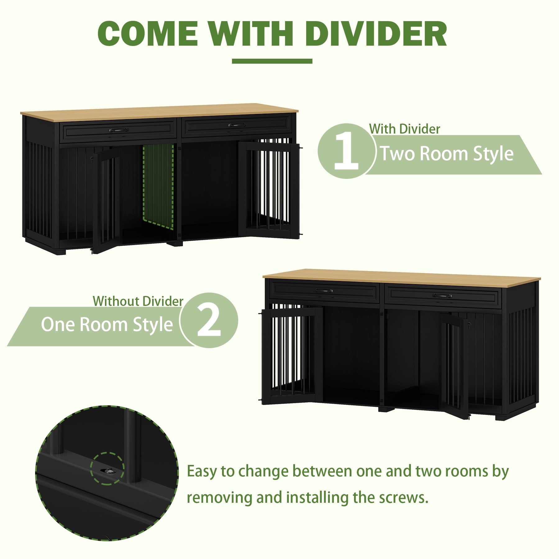 NARTRU 64.6" Large Double Dog Crate Kennel Furniture with Divider and 2 Drawers for 2 Small or Medium Dogs Indoor, Black