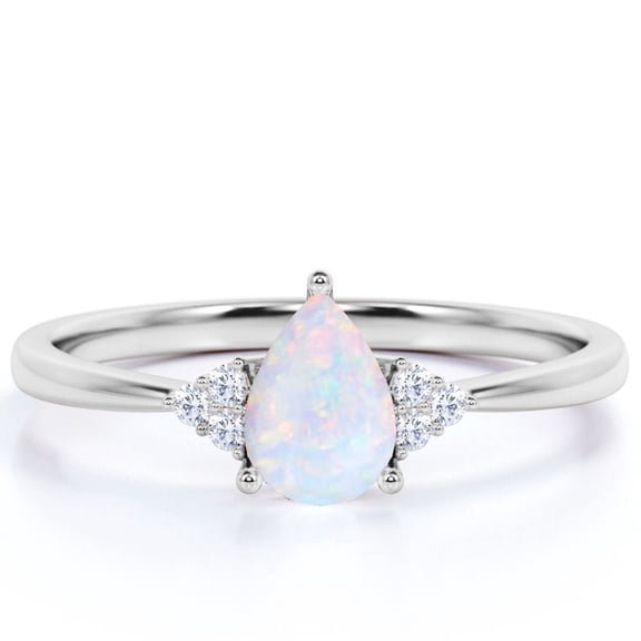JeenMata 1.75 ct Teardrop Real Opal and Moissanite Tapered Engagement Ring in 18K White Gold over Silver