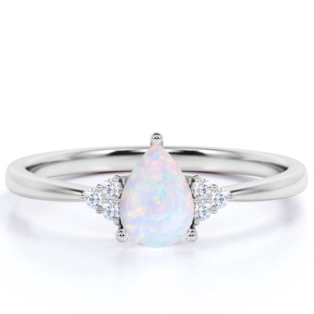 JeenMata 1.75 ct Teardrop Real Opal and Moissanite Tapered Engagement Ring in 18K White Gold over Silver
