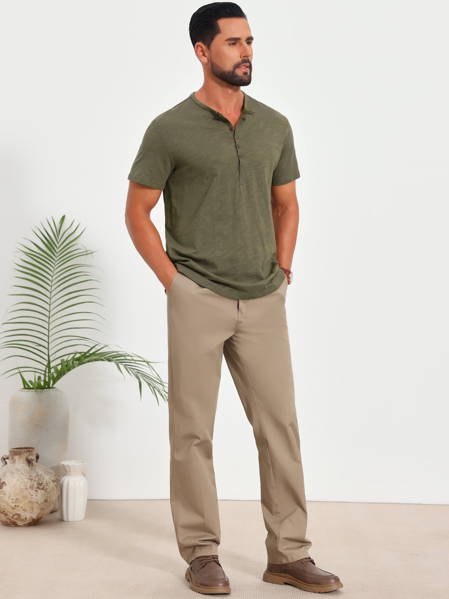 DARING DIVA Men's Retro Henley Texture Button Down Short Sleeve T-Shirt XL Olive Green