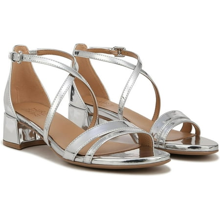 

Naturalizer Womens June Strappy Low Block Heel Dress Sandal Silver Leather 7W