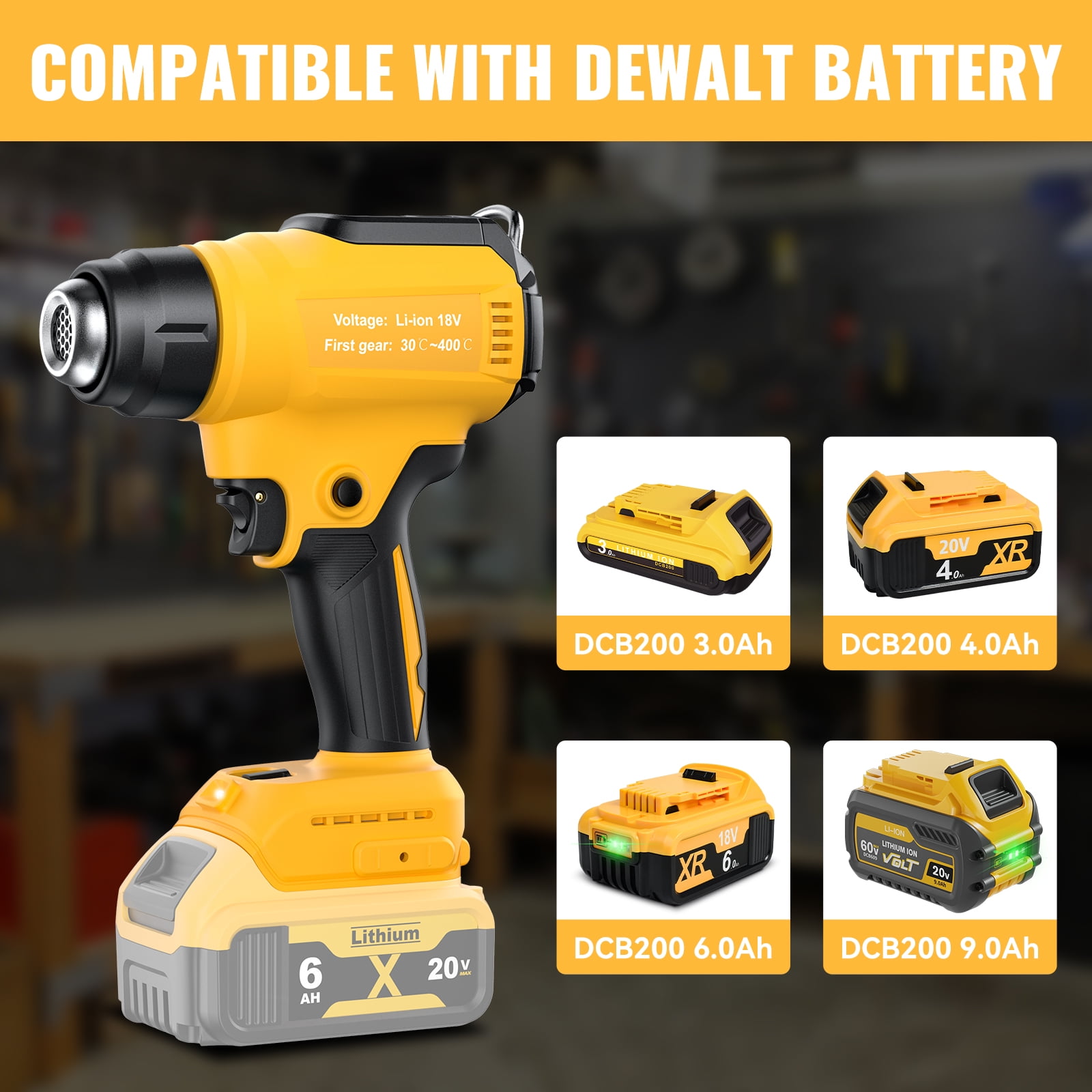 Heat Gun Cordless for Dewalt 20V Battery, 350W,Fast Heating Soldering Hot Air Gun 122℉-1022℉ Variable Temperature Control LED Light, with 4pcs Nozzles&Scraper for Crafts, ,Shrink Wrap(NO battery）