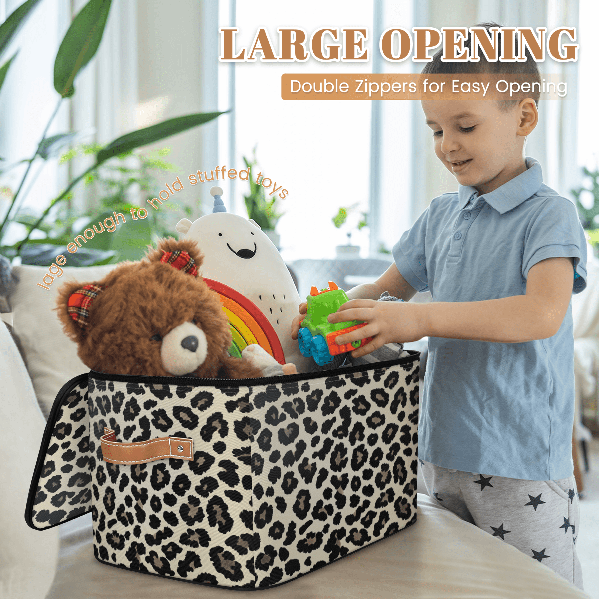 ADECORIVY Black Cream Leopard Print Storage Bin with Zipper Lid, Fabric Foldable Shelf Baskets Boxes, Closet Lidded Storage Bins, Decorative Clothes Organizer for Bedroom Home