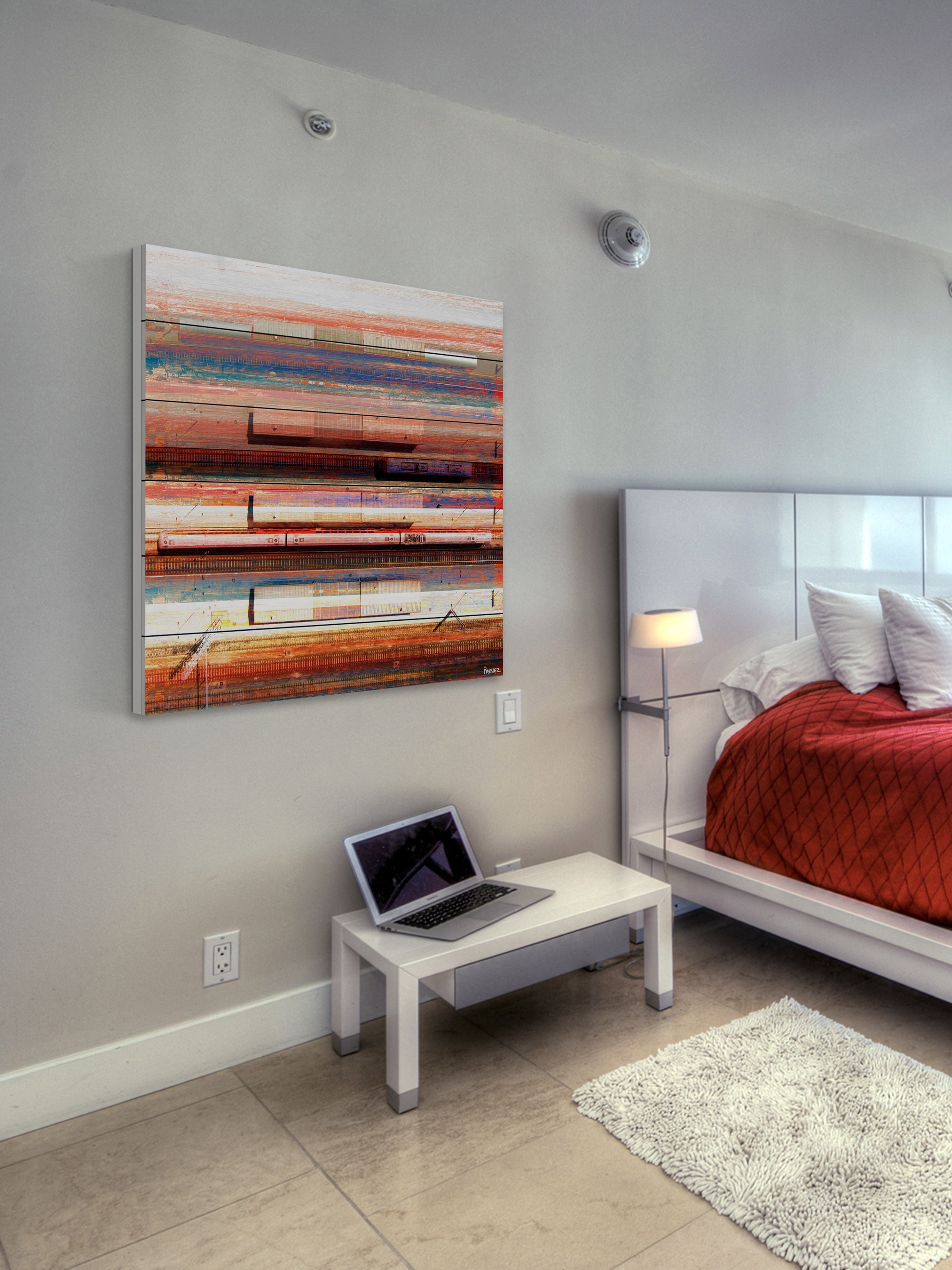 "Trains on Tracks" Painting Print on White Wood