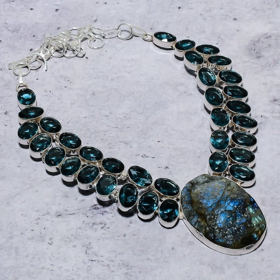 Natural Labradorite, Iolite Gemstone 925 Sterling Silver Necklace 18"