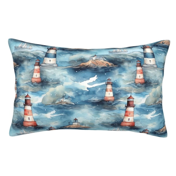 Fotbe Sea Marine And Lighthouse Funda de Almohada Decorativa Estilo Occidental, Lujo en Algodón, Fundas para Almohadas King, Cojín Estampado para Decoración del Hogar-16"x24"